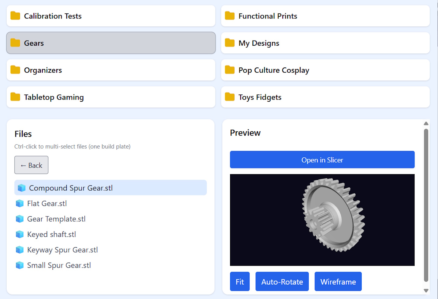 STL File Manager showing an STL file preview and Open into Slicer button